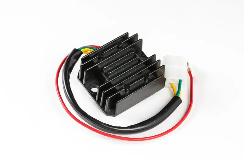 Black voltage regulator with heat sink and multi-color wiring for RV parts & accessories