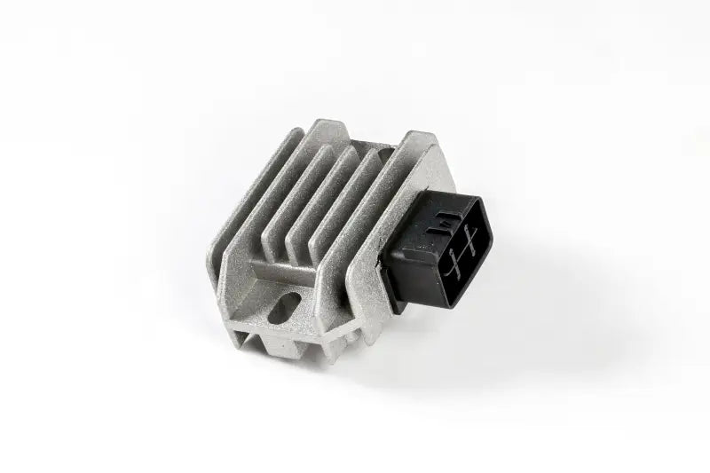 Silver metal rectifier regulator with black connector for vehicle’s electrical systems