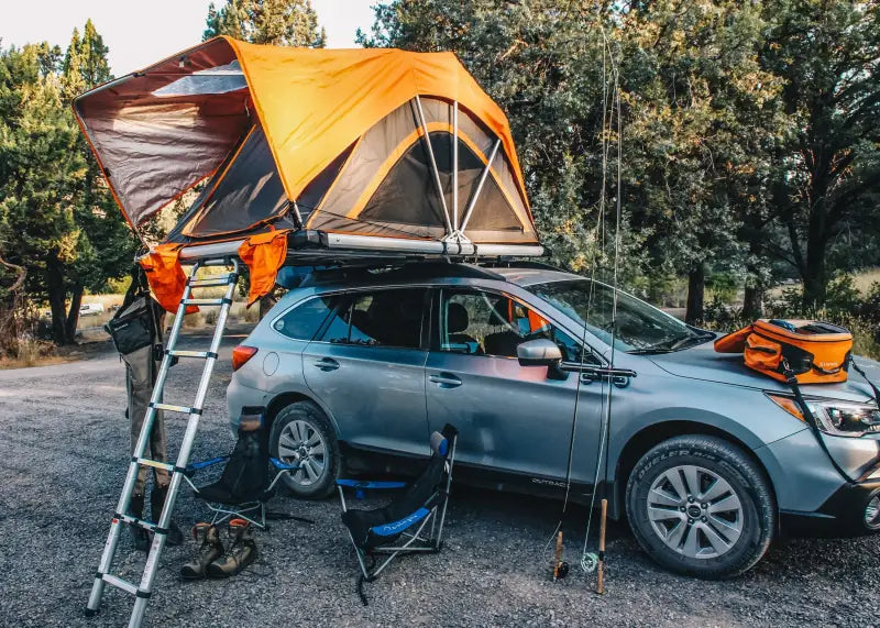 Car-mounted orange tent from Freespirit High Country Series for roof racks