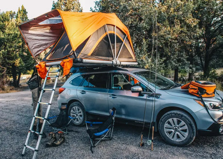 Car-mounted orange tent from Freespirit High Country Series for roof racks