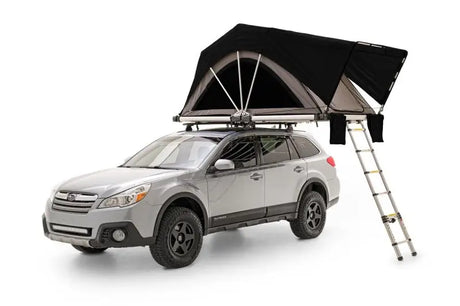 Silver Car with High Country Series Rooftop Tent and Ladder by Freespirit High
