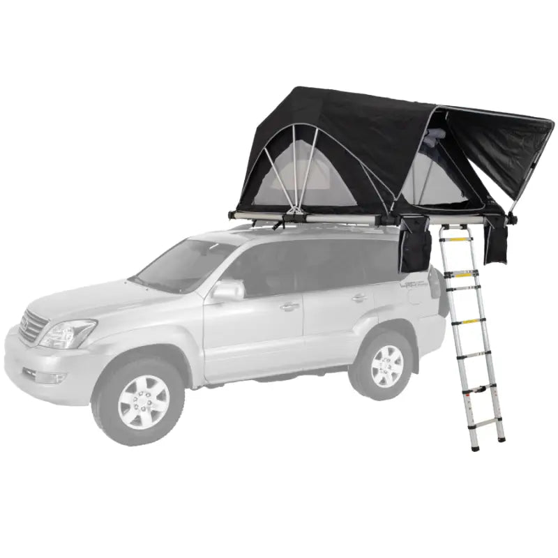 Silver SUV with black rooftop tent and ladder from Freespirit High Country Series 63