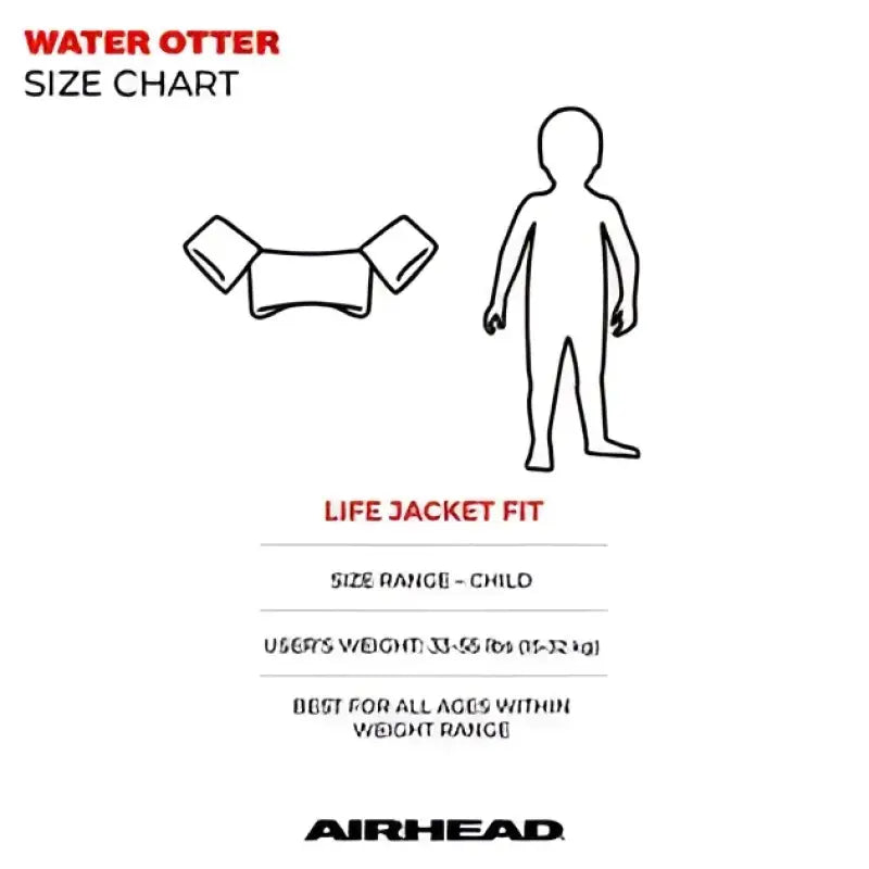 Airhead Otter Elite Ch Life V Freedom size chart detailing the child's life jacket fit for users weighing 33-55 lbs (15-32 kg).