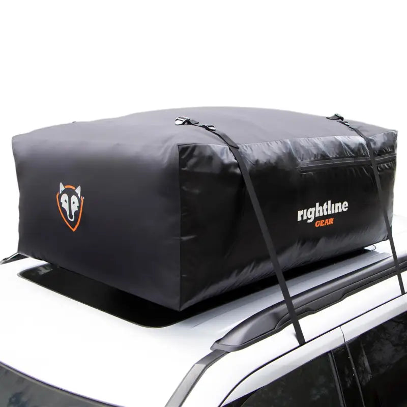Black car top carrier on 100S30 Rightline Sport roof rack for outdoor trips