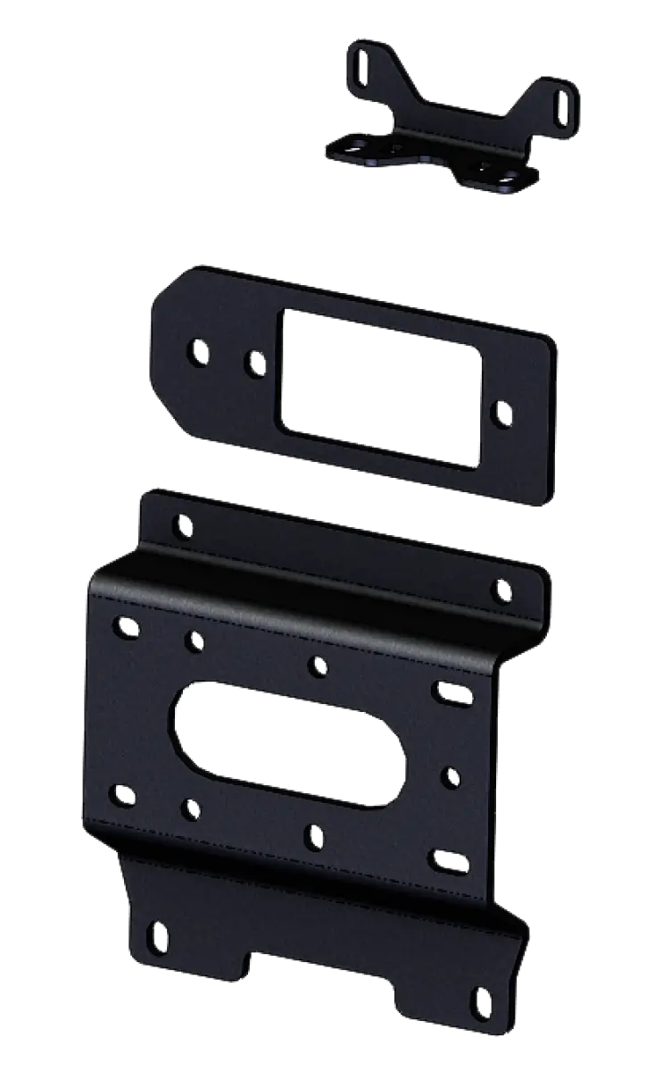 "101670 Winch Mount" product showing three black steel mounting plates for easy winch installation on stock bumpers, designed for OEM integration, requiring minimal drilling and shim adjustments.