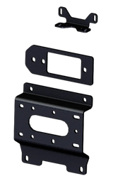"101670 Winch Mount" product showing three black steel mounting plates for easy winch installation on stock bumpers, designed for OEM integration, requiring minimal drilling and shim adjustments.