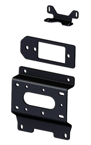 "101670 Winch Mount" product showing three black steel mounting plates for easy winch installation on stock bumpers, designed for OEM integration, requiring minimal drilling and shim adjustments.