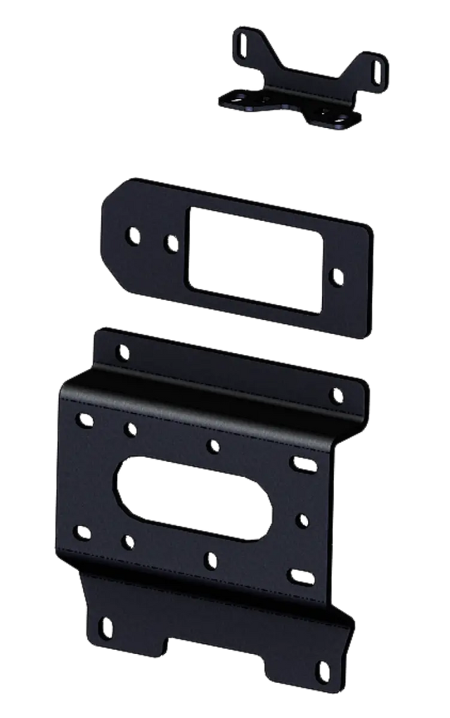 "101670 Winch Mount" product showing three black steel mounting plates for easy winch installation on stock bumpers, designed for OEM integration, requiring minimal drilling and shim adjustments.