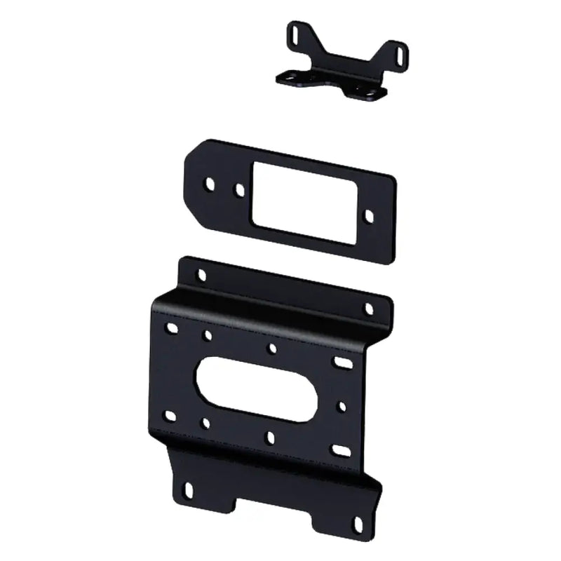 "101670 Winch Mount" product showing three black steel mounting plates for easy winch installation on stock bumpers, designed for OEM integration, requiring minimal drilling and shim adjustments.