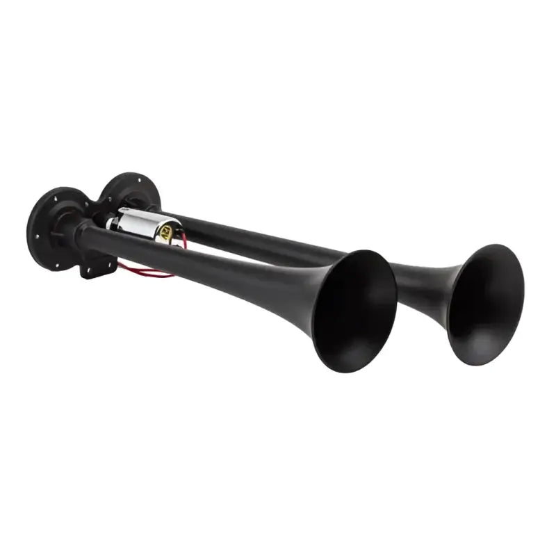 Dual black horns of the 102-1 Kleinn Auto Compact Dual Horn, designed for powerful and clear sound, showcasing easy installation and distinctive tone for vehicle upgrade.