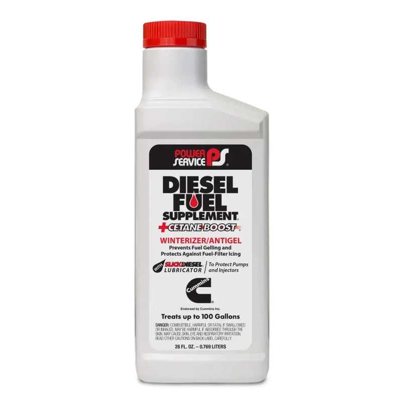 "1026 Powerservice Diesel Fuel Anti Gel product bottle with red cap, prevents fuel gelling in cold temperatures, ensuring diesel engine smooth operation"