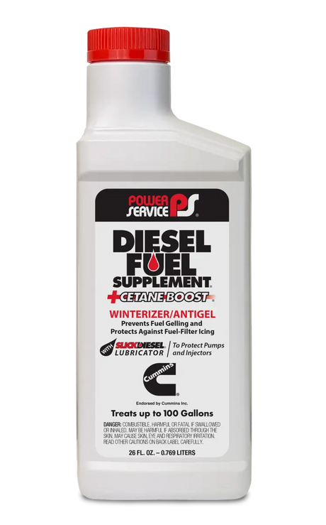"1026 Powerservice Diesel Fuel Anti Gel product bottle with red cap, prevents fuel gelling in cold temperatures, ensuring diesel engine smooth operation"