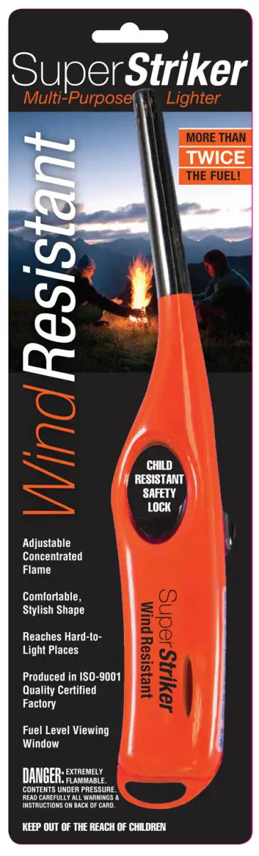 1055WCR Beacon Power Super Striker Brand Wind Resistant multi-purpose lighter in orange packaging.