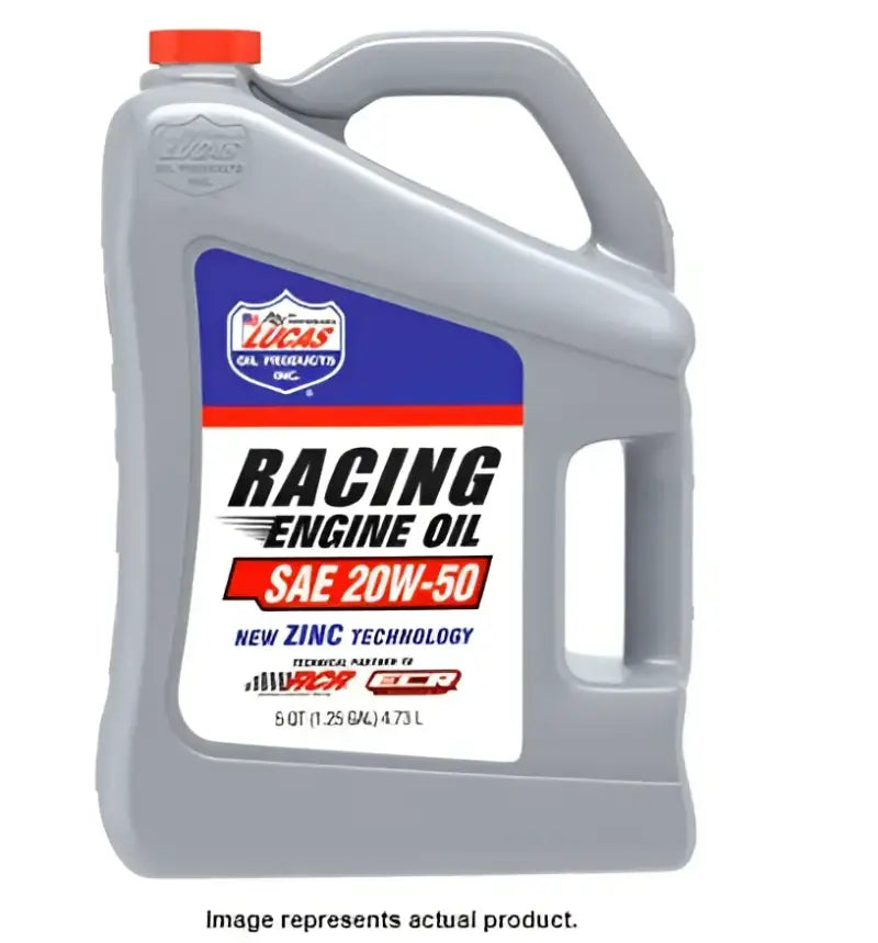 Lucas Oil SAE 20W-50 Racing Motor Oil, high-performance engine lubricant, 5-quart container.