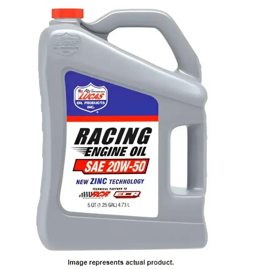 Lucas Oil SAE 20W-50 Racing Motor Oil, high-performance engine lubricant, 5-quart container.