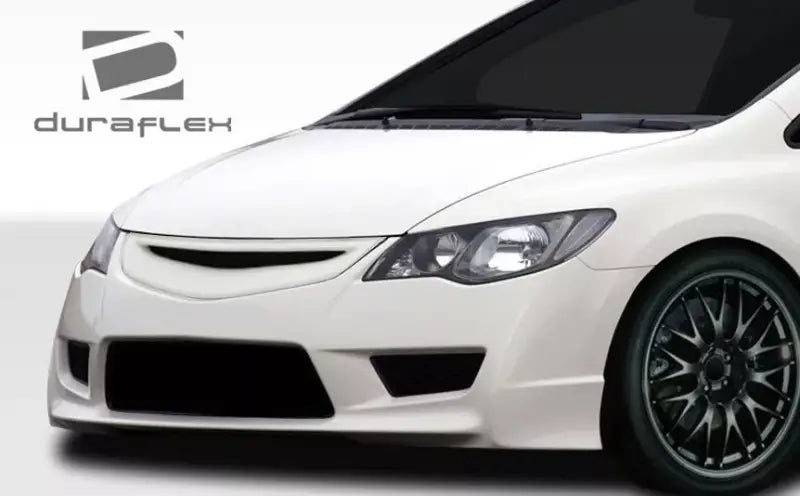 White Honda Civic 4dr with extreme dim aftermarket Duraflex bumper and black wheels