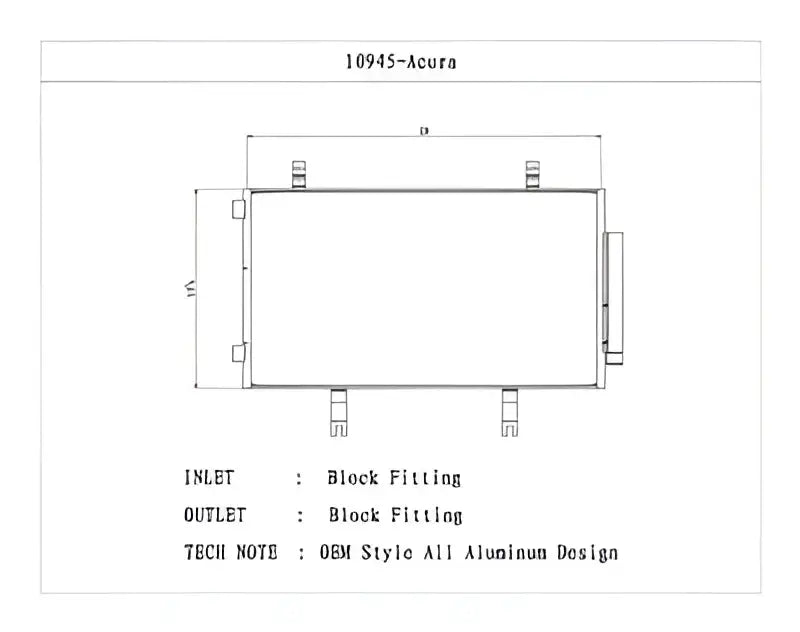 10945 Csf Radiator Ac Condenser diagram, Acura fitment, block fitting inlet and outlet, OEM style all aluminum design.