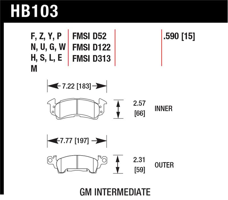 Hawk Performance HB103P.590 Hawk 76-77 Chevrolet Camaro LT / 72 Camaro Z28 / 69-81 Camaro Super Duty Street Front Brake Pads