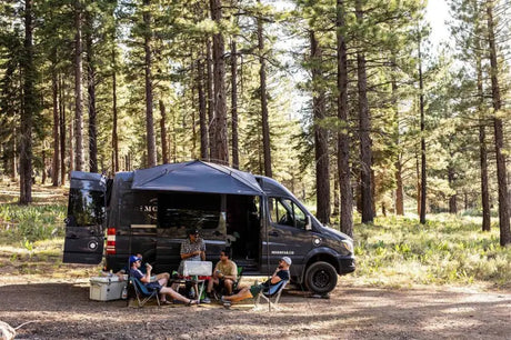 Camper van with an awning rail anchor and awning rail setup for outdoor shade