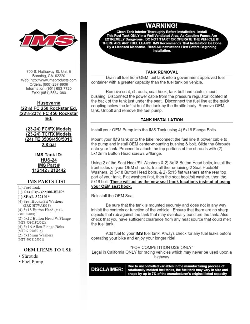 112442-BK1 Ims Fuel Tank Black 2.8 Gal