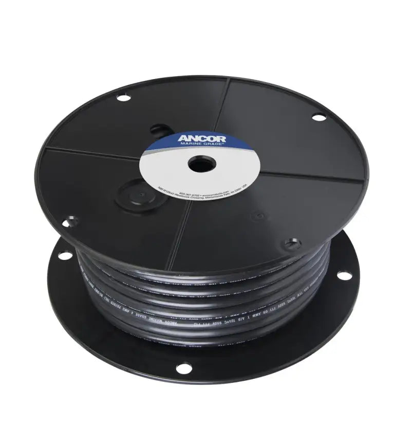 Black marine-grade wire spool showing Ancor Tinned Copper Battery Cable 4 AWG