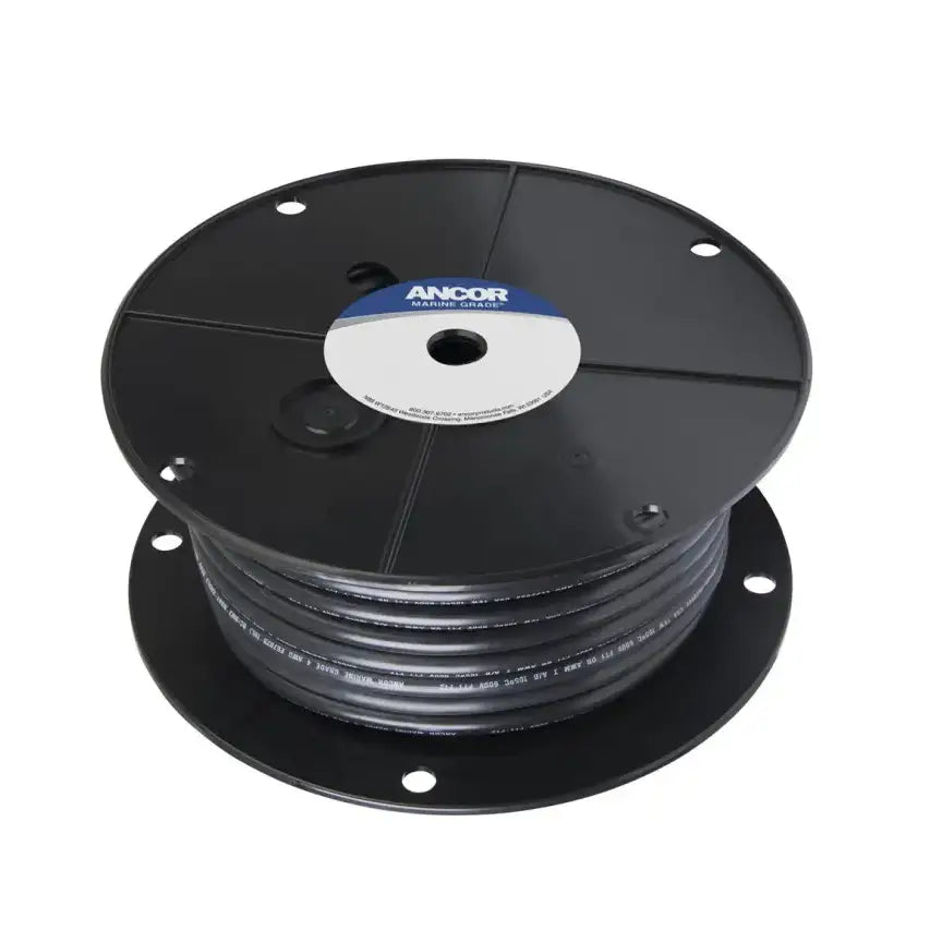 Black marine-grade wire spool showing Ancor Tinned Copper Battery Cable 4 AWG
