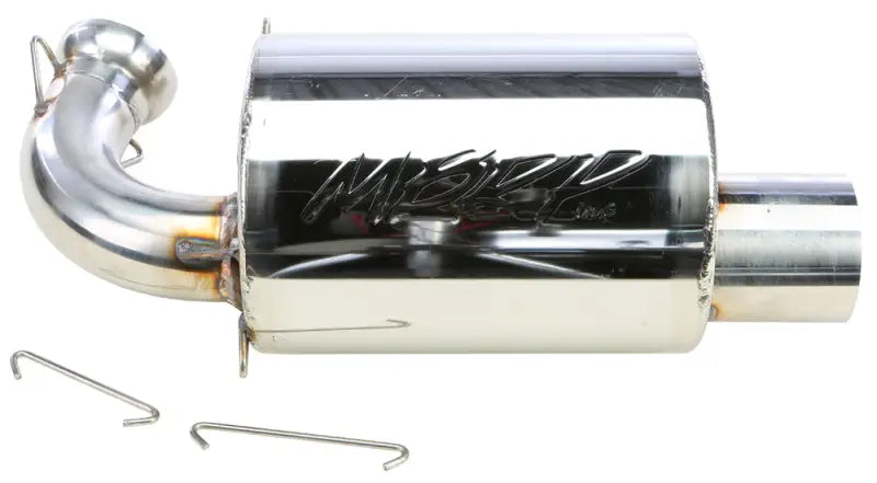 Shiny metal exhaust muffler from 113T209 Performance Exhaust Trail Series for enhanced performance exhaust