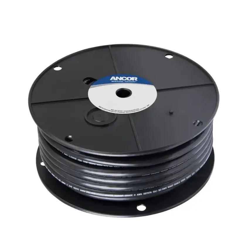 Spool of black Ancor Tinned Copper Battery Cable 2 AWG for marine use