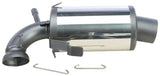 Chrome and matte gray automotive exhaust muffler with hanging brackets for standard performance exhaust