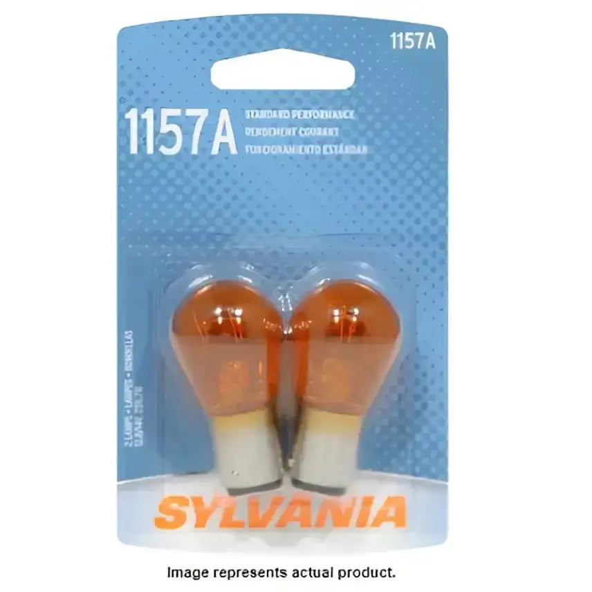 Two amber Sylvania 1157A light bulbs in packaging for reliable performance and safety