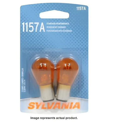 Two amber Sylvania 1157A light bulbs in packaging for reliable performance and safety