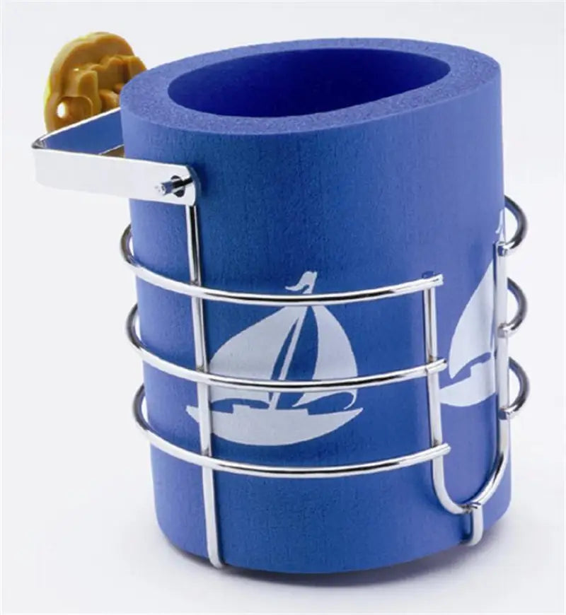 Blue foam beverage holder with sailboat design for marine mug size drinks