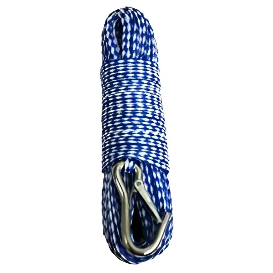 Coiled blue and white hollow braided polypropylene anchor rode with metal clip for Marine use