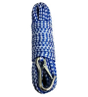 Coiled blue and white hollow braided polypropylene anchor rode with metal clip for Marine use