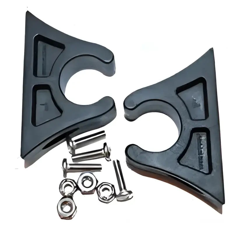 Black plastic marine paddle clips with hardware for secure mounting of marine paddles