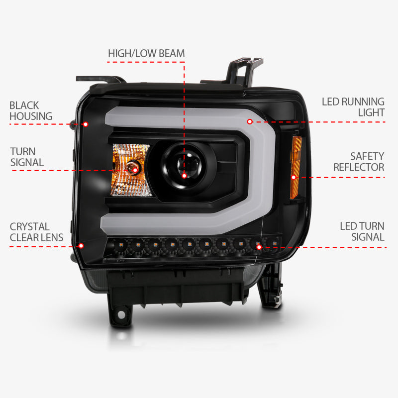 ANZO 111513 ANZO 2014-2015 GMC Sierra 1500 Projector Headlights w/ Light Bar Black Housing (Halogen Type)