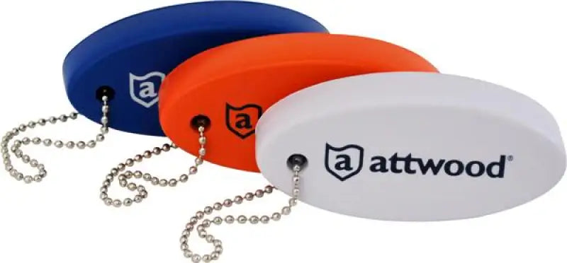 Attwood Marine Float Key in blue, orange, and white with ball chains, designed to keep keys afloat and visible.