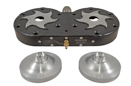 Black two-cylinder power dome billet head set with silver star inserts and dome components