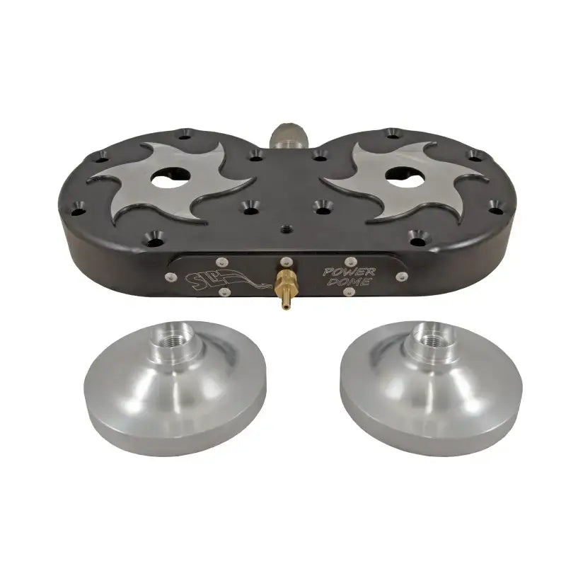 Black two-cylinder power dome billet head set with silver star inserts and dome components