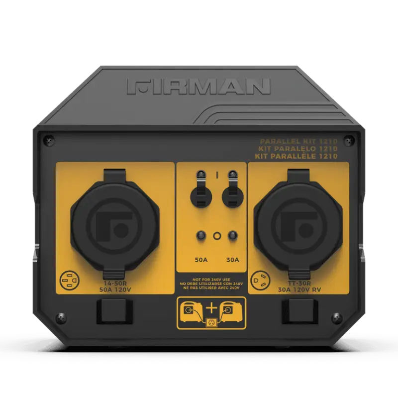 "Front view of the 1210 Firman Power 50A Portable Generator Parallel Kit, showcasing its dual outlet design for doubling power output, compatible with Firman Power Equipment generators."