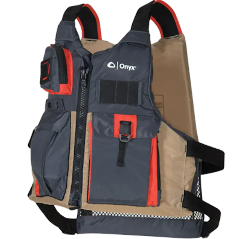 Onyx Outdoor Kayak Fishing Paddle Vest Adult Tan with multiple pockets and secure buckle.