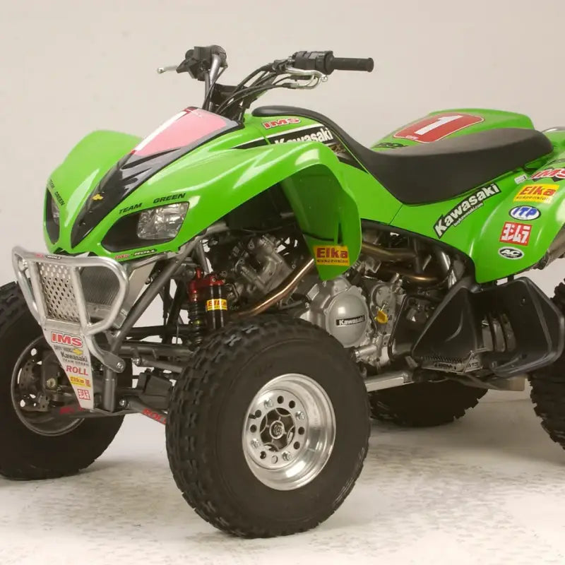 Lime green Kawasaki ATV with custom mods and 123102-bk1 fuel tank for off-road fun