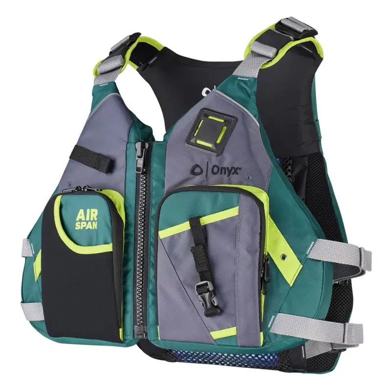 Onyx Outdoor Air Span Angler Paddling Kayak Vest in gray and green with black and yellow accents.