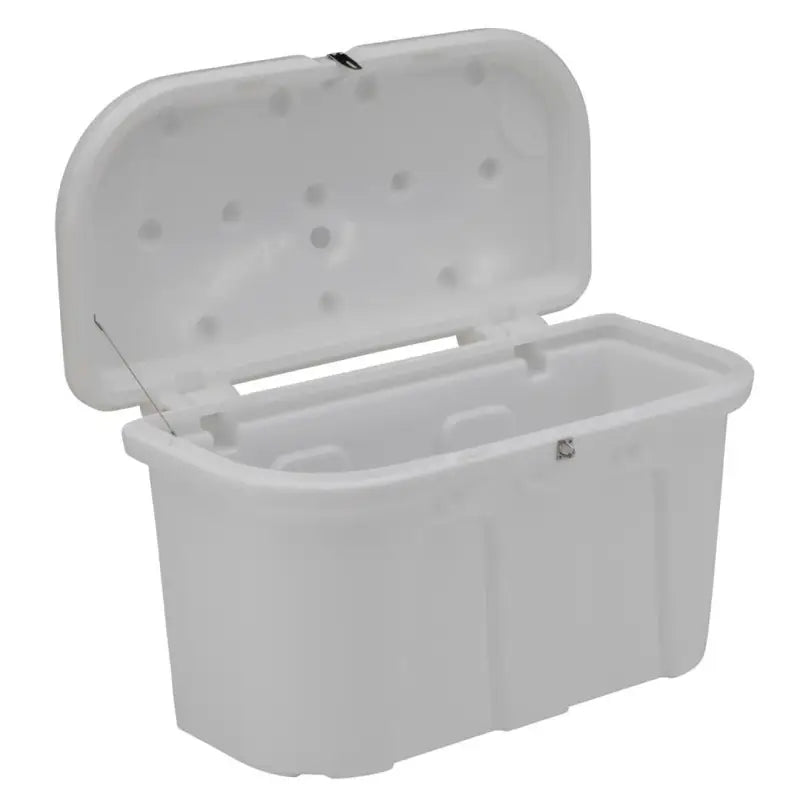 White Taylor Made Stow N' Go Poly Dock Box, featuring durable polyethylene construction, spacious interior for boating and fishing gear. Ideal for marine, RV, automotive, powersports, off-road, and truck accessories. AVADA - Best Sellers