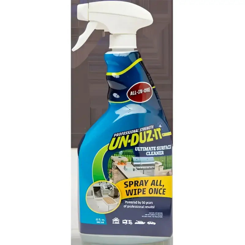 Blue spray bottle of Unduzit Ultimate Surface Cleaner for cleaning surfaces effectively