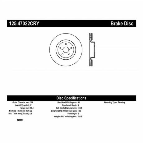 Stoptech 125.47022CRY Stoptech 05-07 Subaru Impreza WRX Sti Front High Carbon CRYO-STOP Rotor