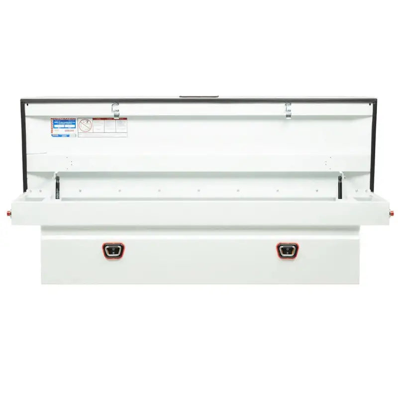 White truck tool box with open lid from Weather Guard Tool Box Crossover series