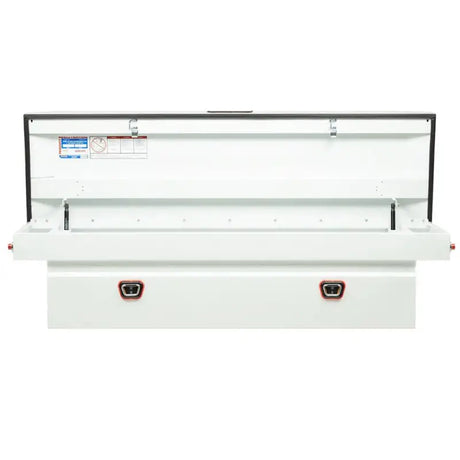 White truck tool box with open lid from Weather Guard Tool Box Crossover series