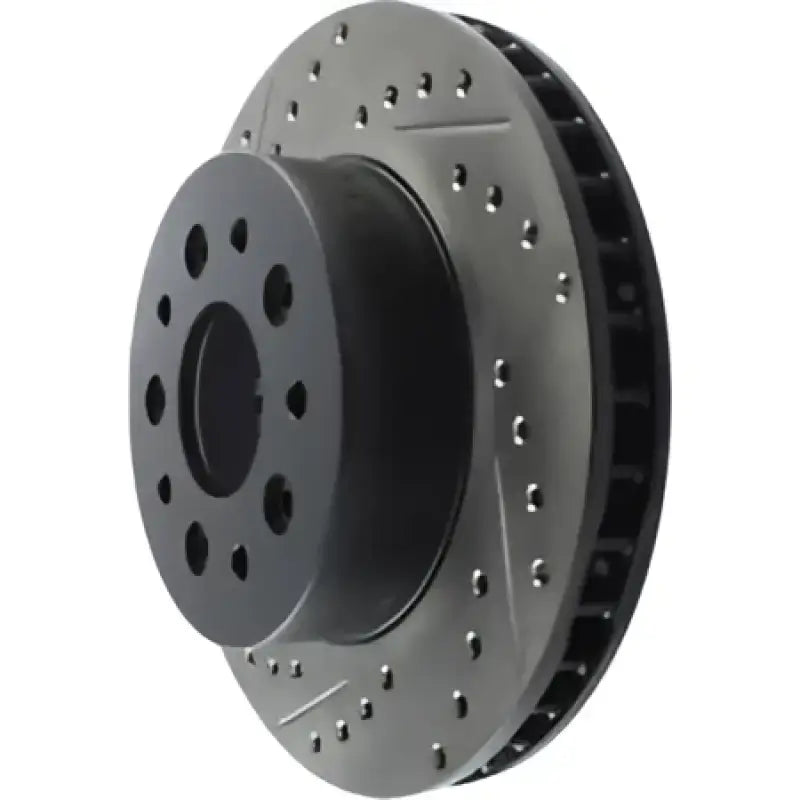 Black slotted StopTech rotor for 65-82 Corvette RF