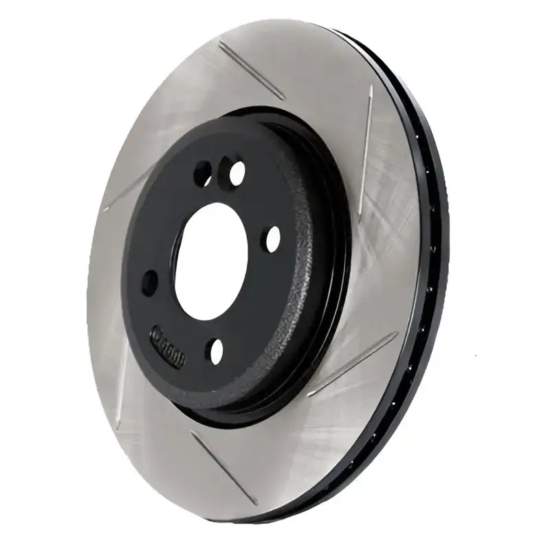 Stop Tech slotted black and silver right brake rotor with cooling slots